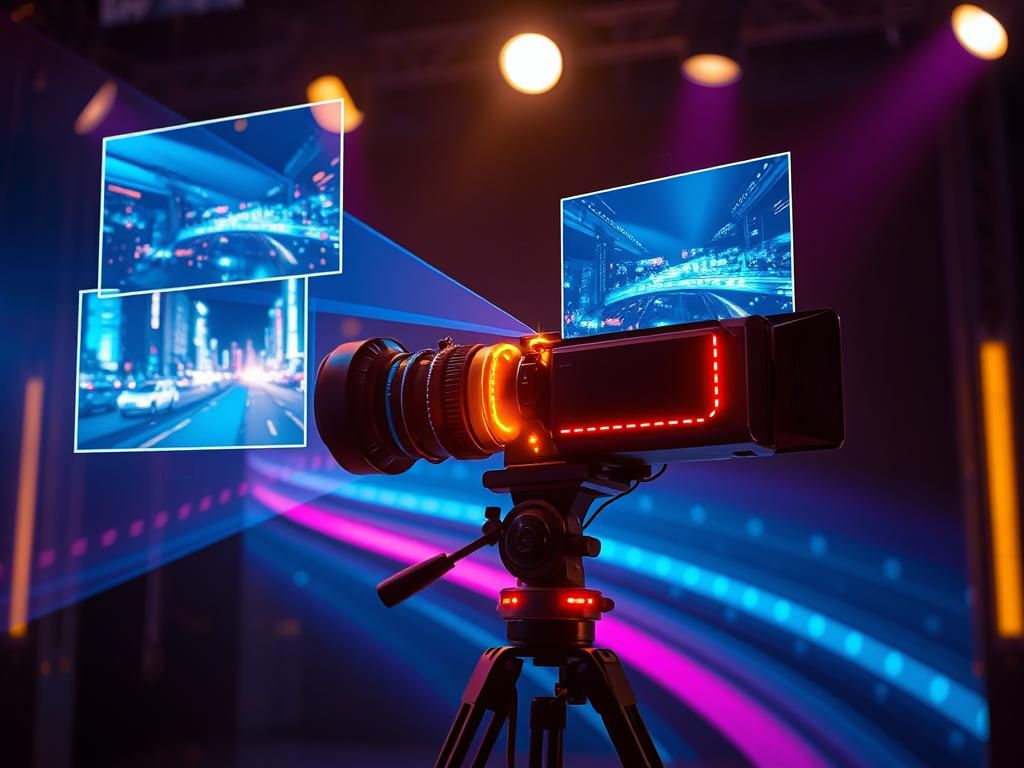 Cinematic AI video prompts with futuristic film camera projecting holographic frames in neon studio lighting